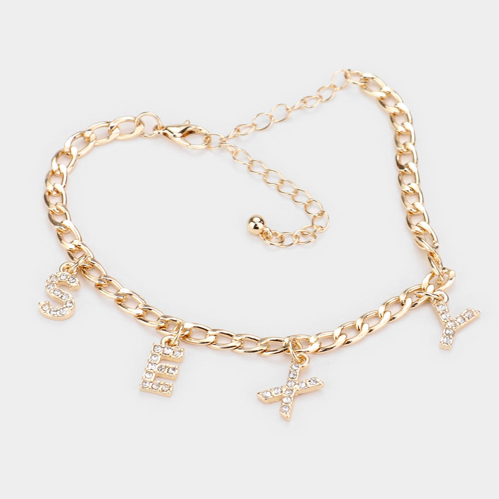SEXY Rhinestone Embellished Charm Message Anklet