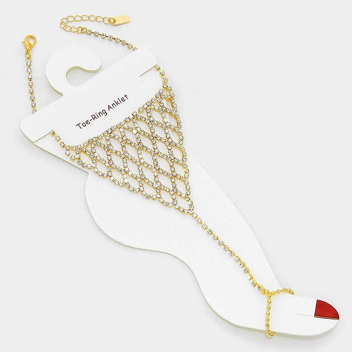 Crystal rhinestone net anklet with toe ring
