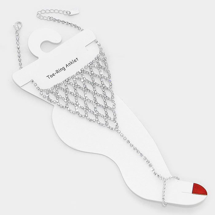 Crystal rhinestone net anklet with toe ring