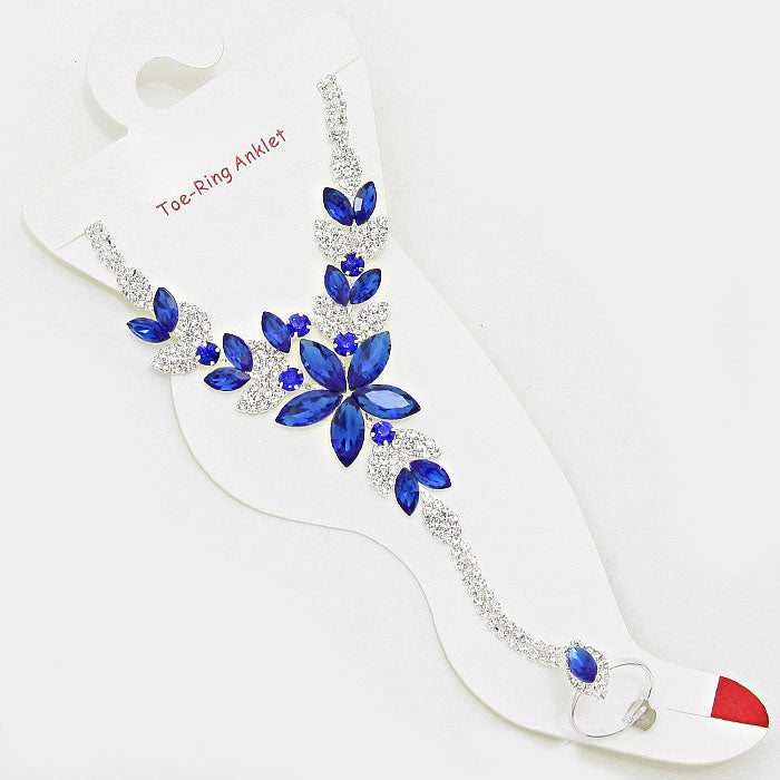Floral crystal rhinestone toe ring anklet