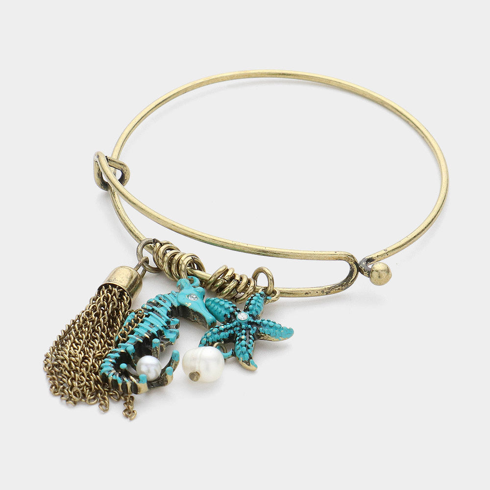 Metal Chain Tassel & Seahorse Starfish Pearl Charm Hook Bracelet