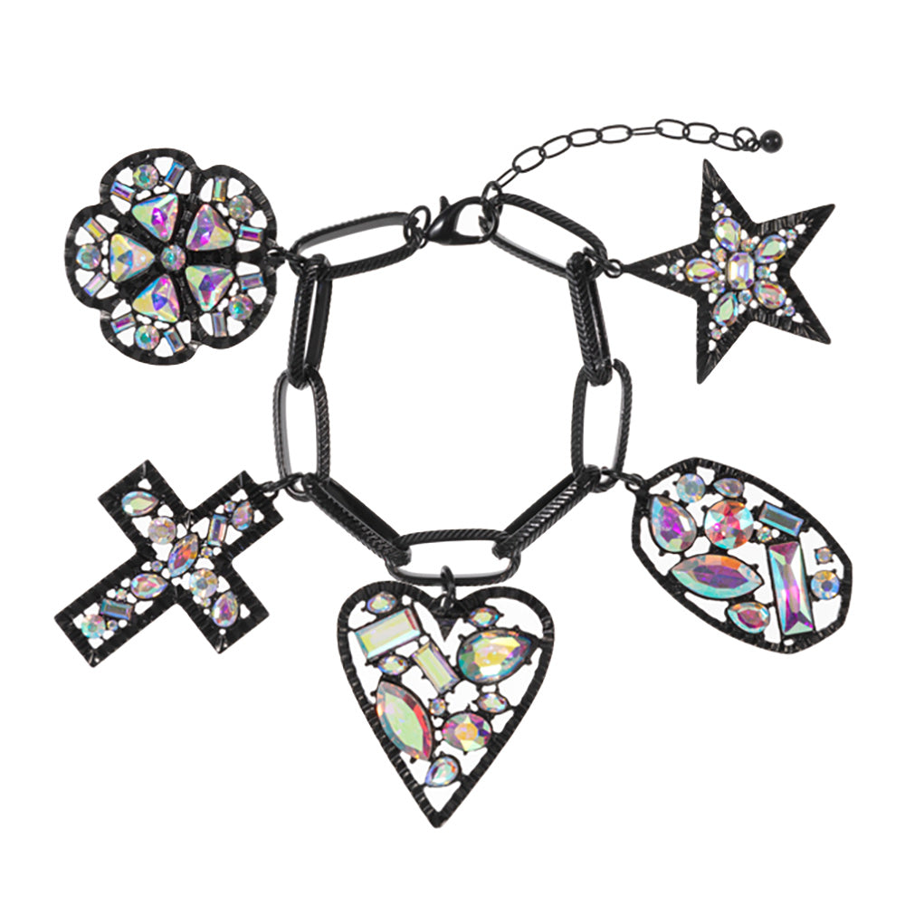 Stone Cluster Embellished Star Heart Cross Flower Charm Station Bracelet