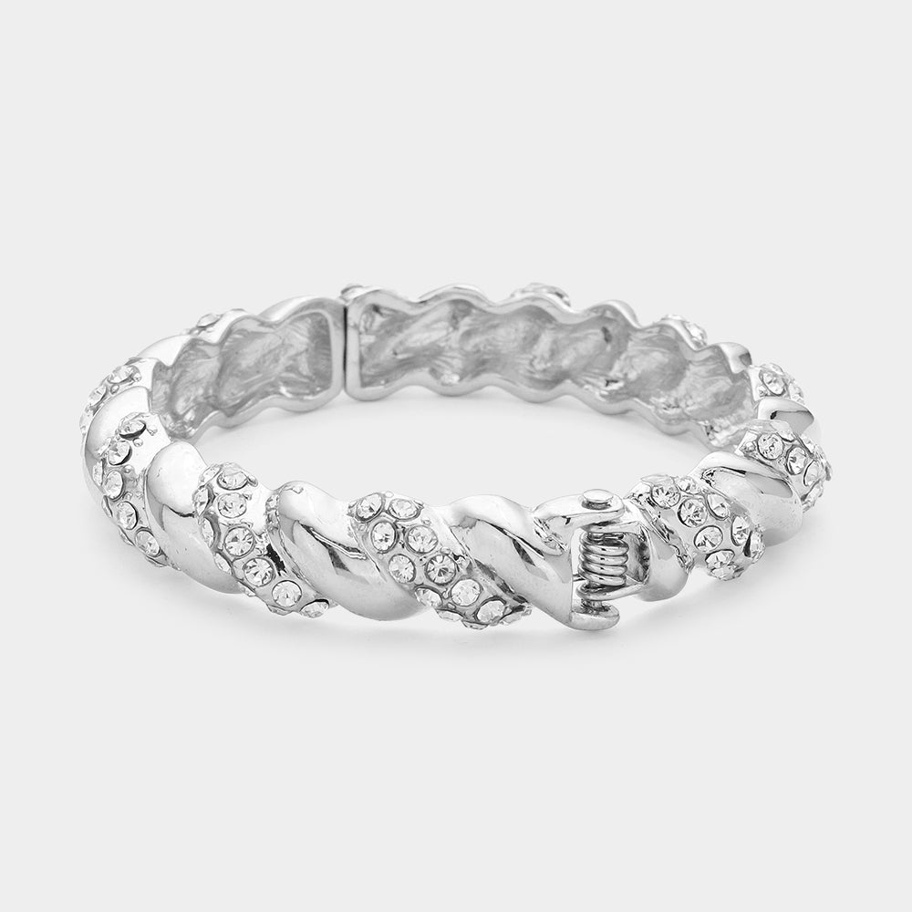 Rhinestone Embellished Twisted Metal Hinged Evening Bracelet
