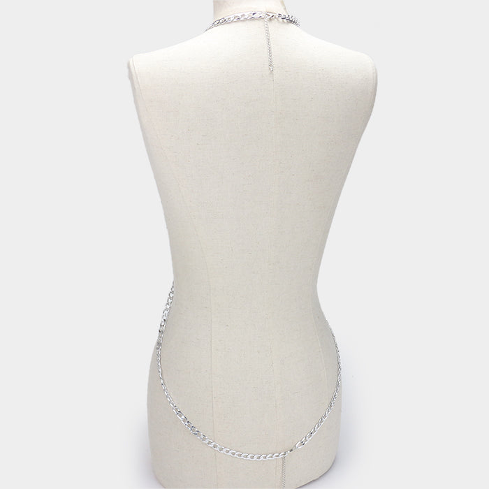 Felt & faux leather back crystal rhinestone bib body chain necklace