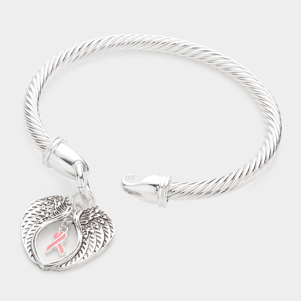 Pink Ribbon Pointed Angel Wings Charm Hook Bracelet