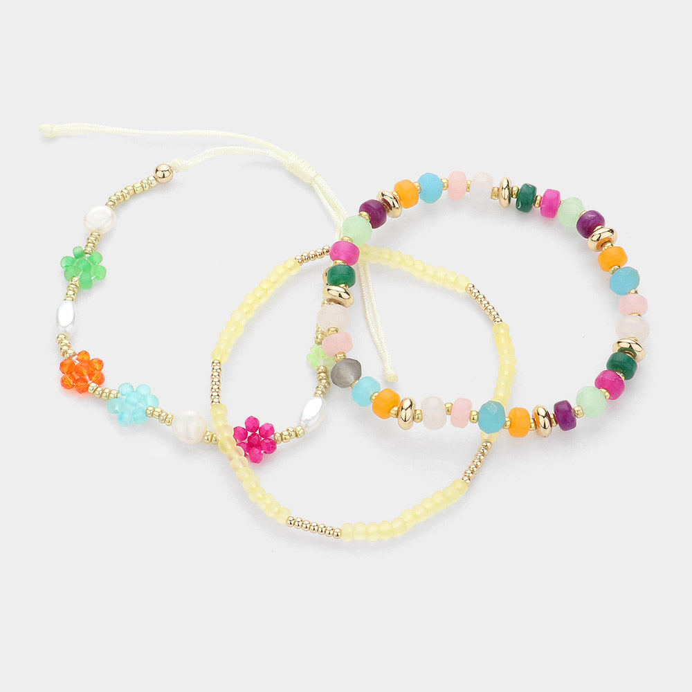 3PCS - Multi Beaded Stretch Faceted Flower Pearl Beaded Adjustable Multi Layered Bracelets