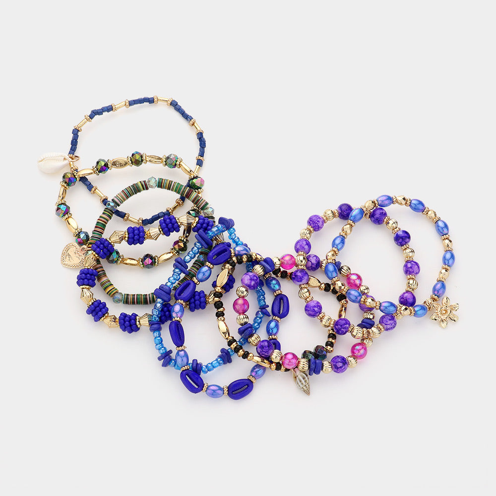 10PCS - Shell Metal Flower Heart Charm Wood Multi Beads Beaded Layered Bracelets