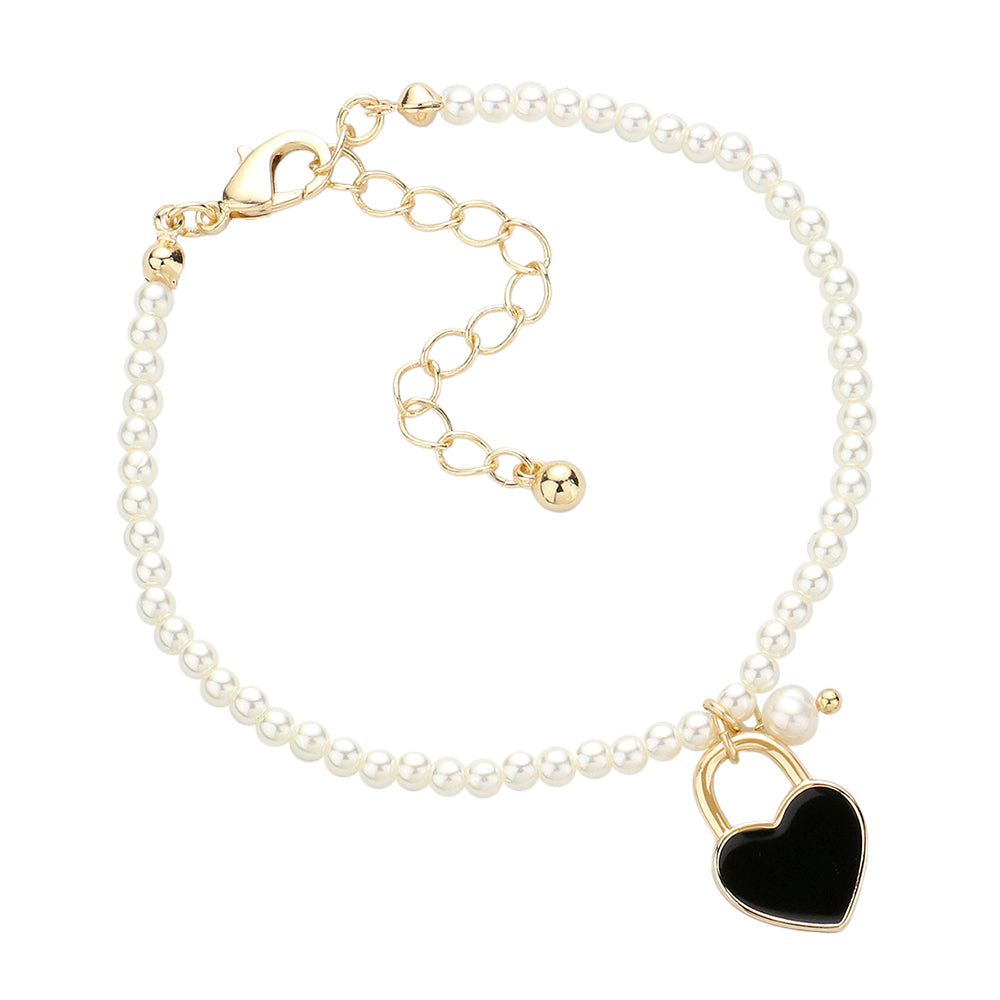 Enamel Heart Charm Pendant Pearl Bracelet