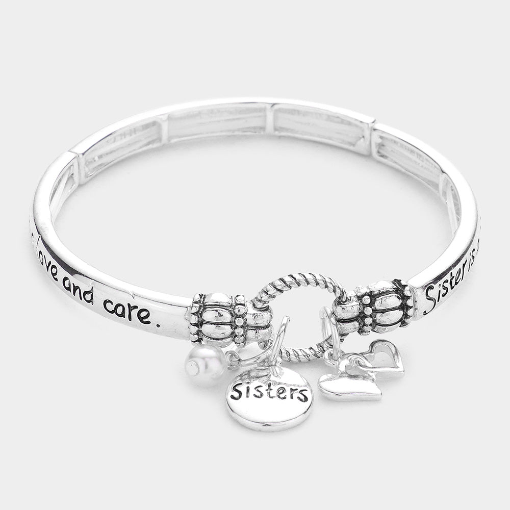 Sister Heart Pearl Charm Message Stretch Bracelet