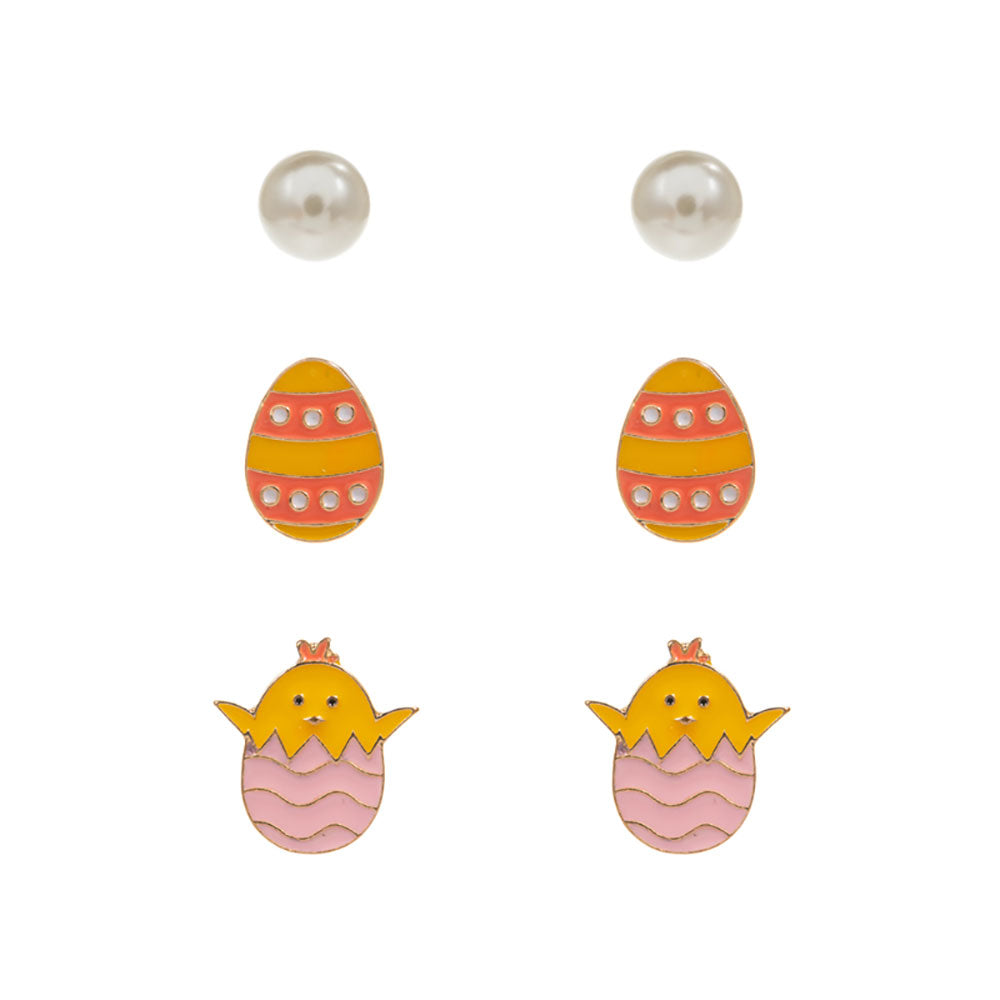 3PAIRS - Easter Chick Egg Pearl Stud Earrings Set
