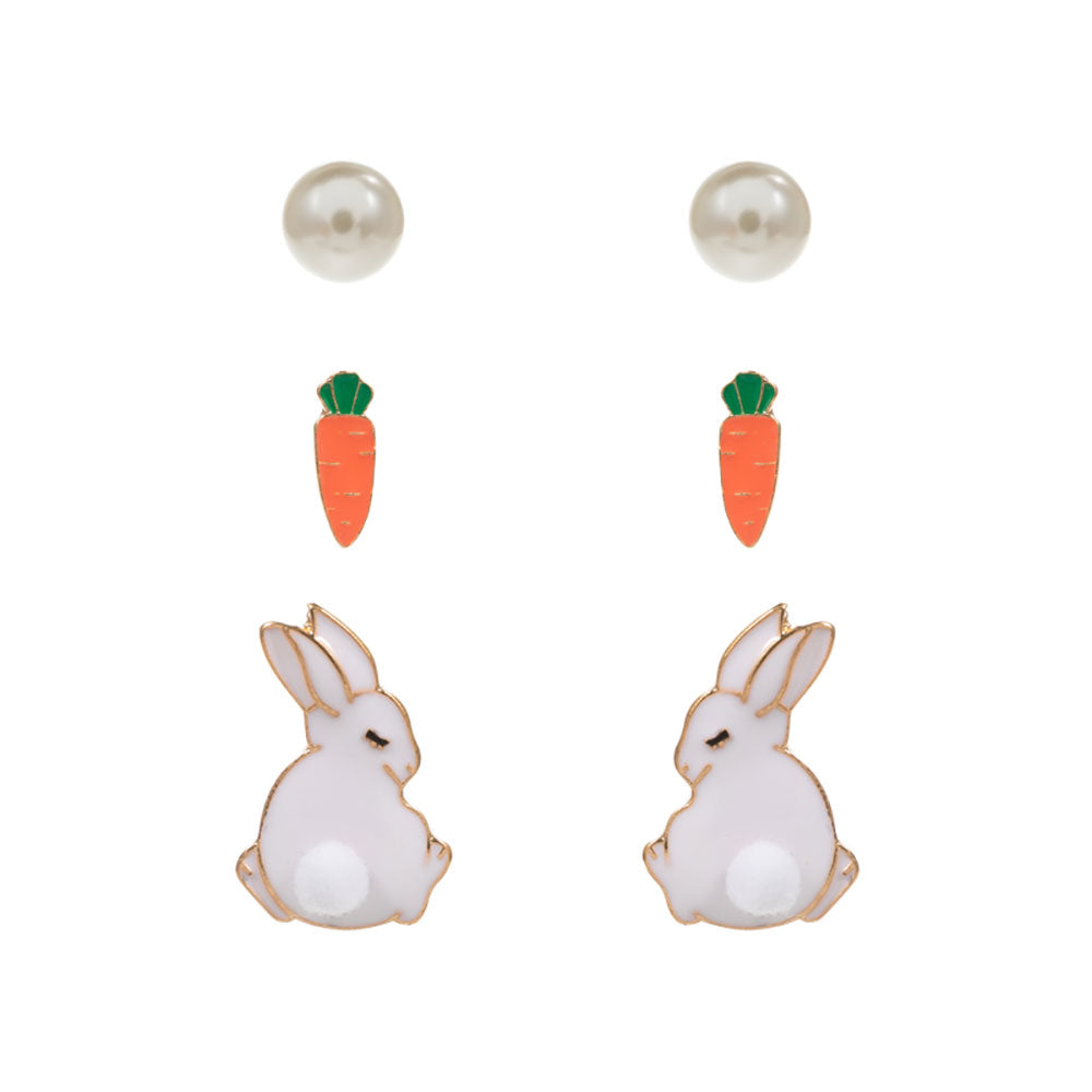 3PAIRS - Easter Bunny Carrot Pearl Stud Earrings Set