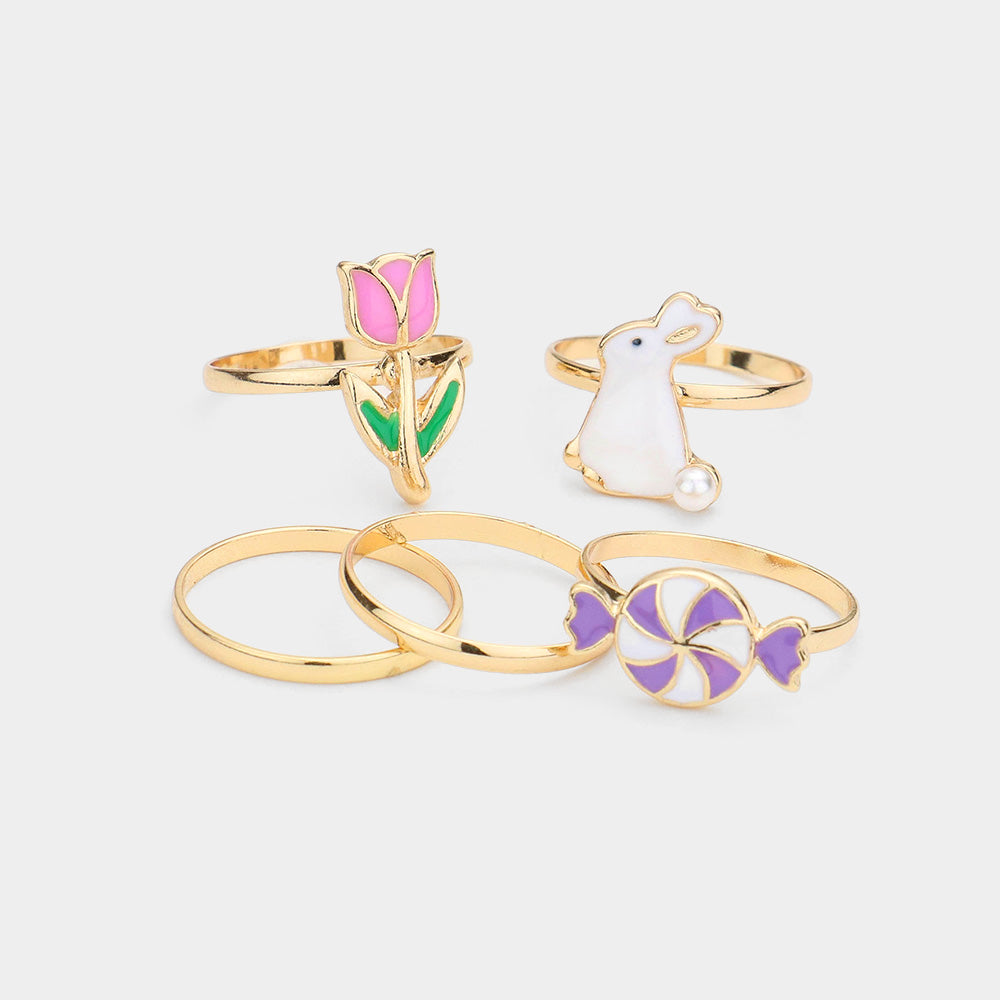 5PCS - Enamel Candy Tulip Flower Easter Bunny Mixed Rings