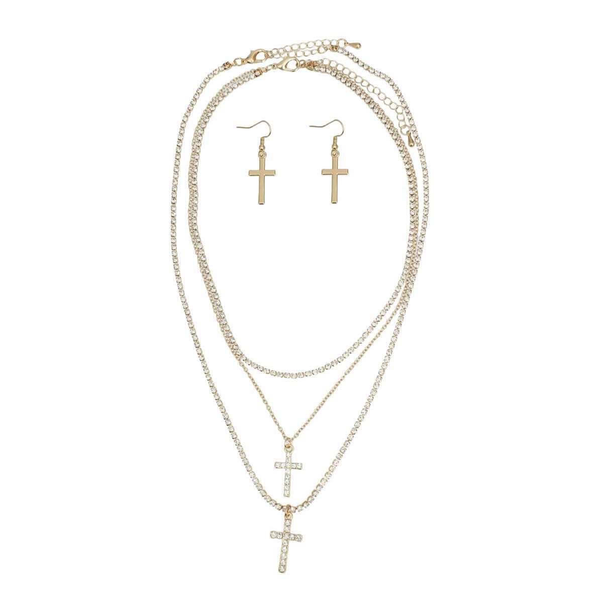 Triple Layer Gold Rhinestone Cross Necklaces