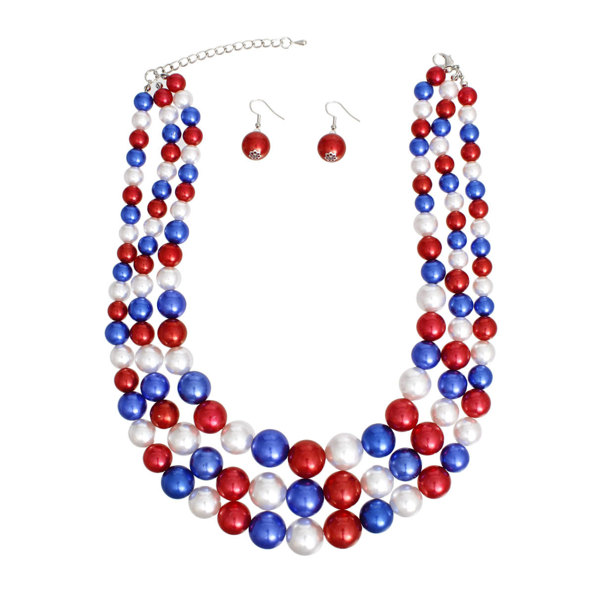 Pearl Necklace Red White Blue 3 Strand for Women