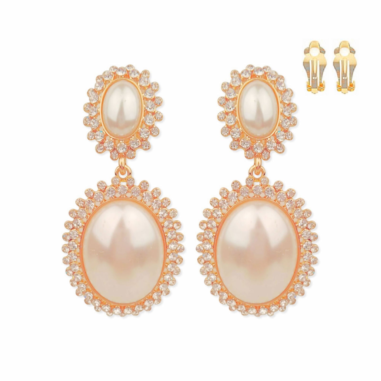 Clip On Gold Medium Pearl Halo Earrings for Women