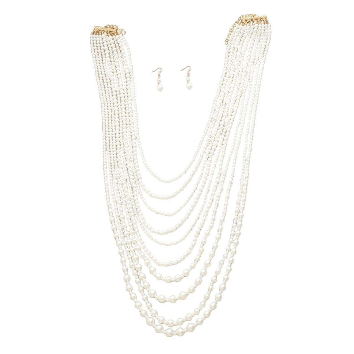 Pearlescent Cascade: 10-Strand Long Cream Necklace Set