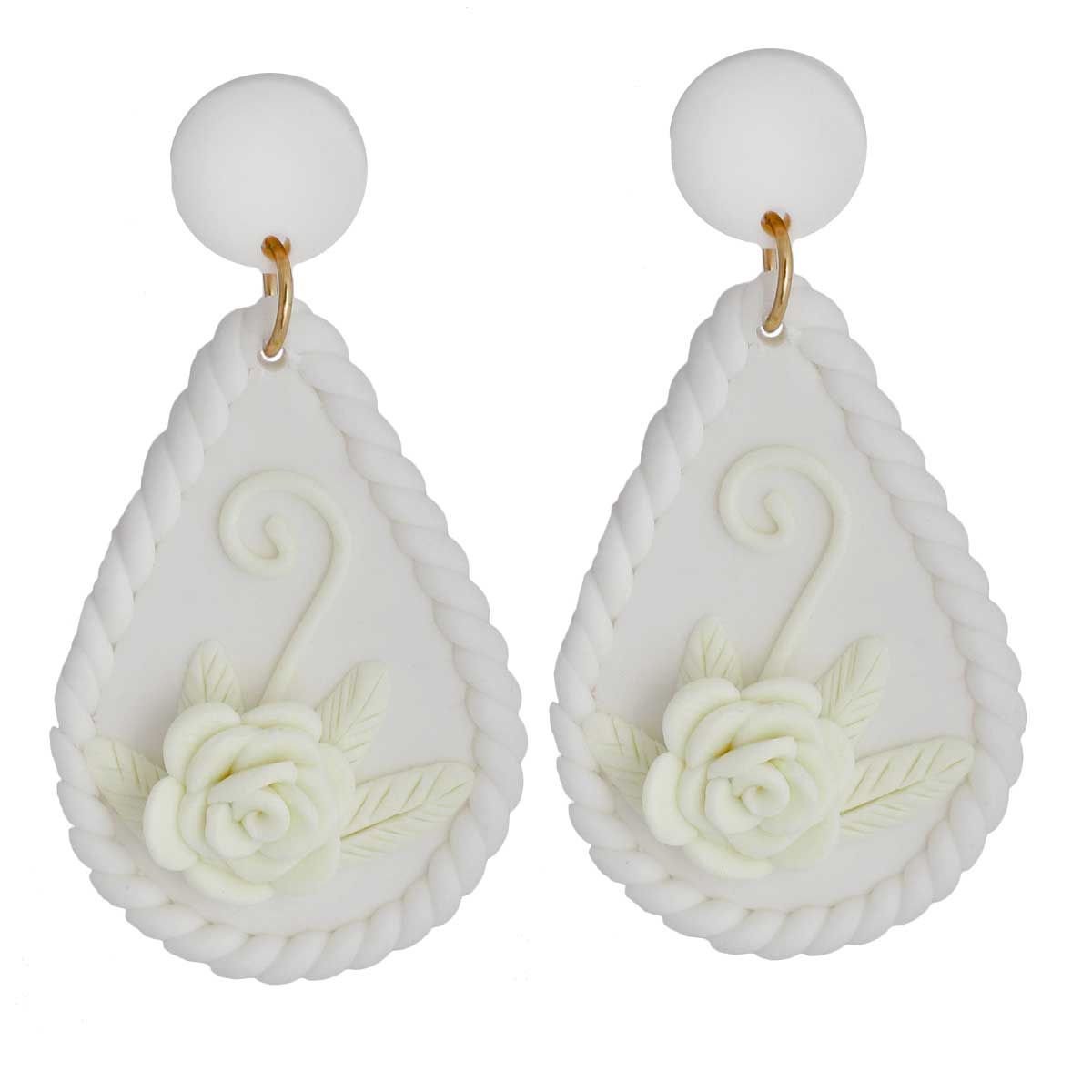 White Ivory Clay Teardrop Flower Bridal Earrings
