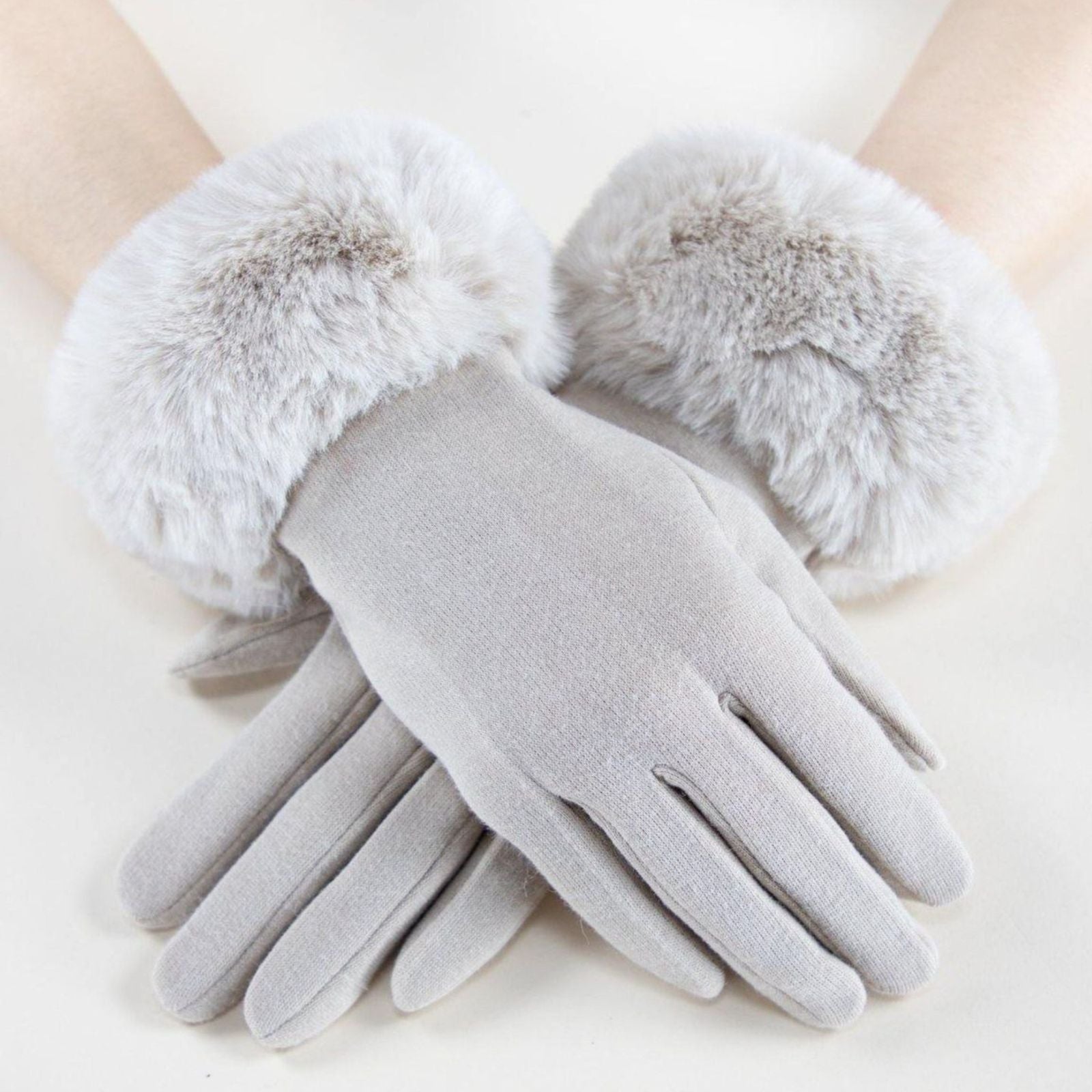 Gloves Beige Fur Trim Winter Gloves for Women