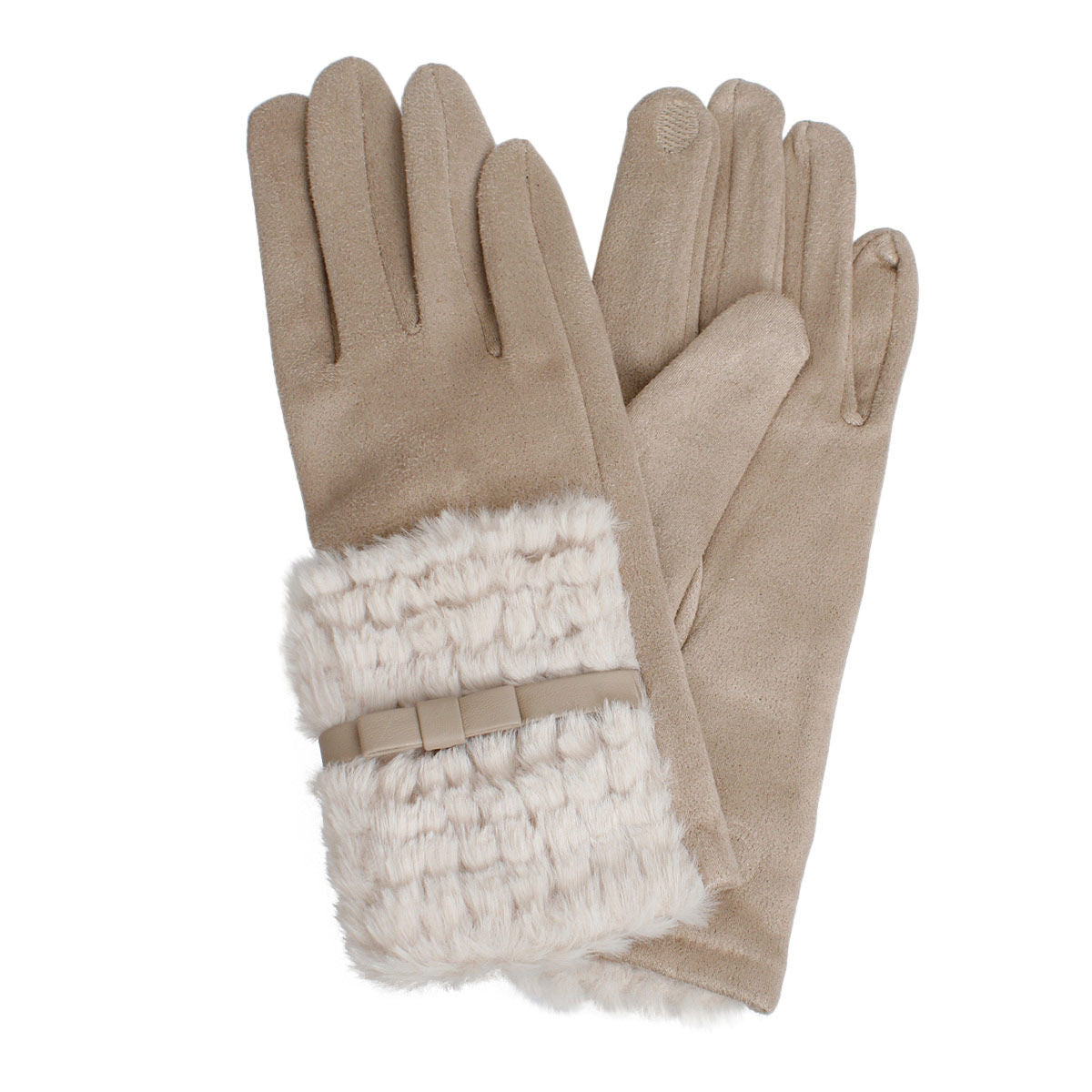 Gloves Beige Ribbon Fur Winter Gloves for Women