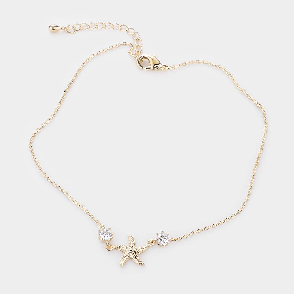 iLLASPARKZ Cubic Zirconia CZ Brass Metal Starfish Chain Anklet
