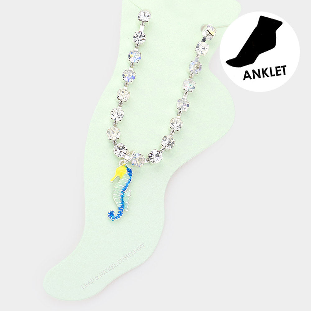 iLLASPARKZ Enamel Seahorse Charm Round Stone Anklet
