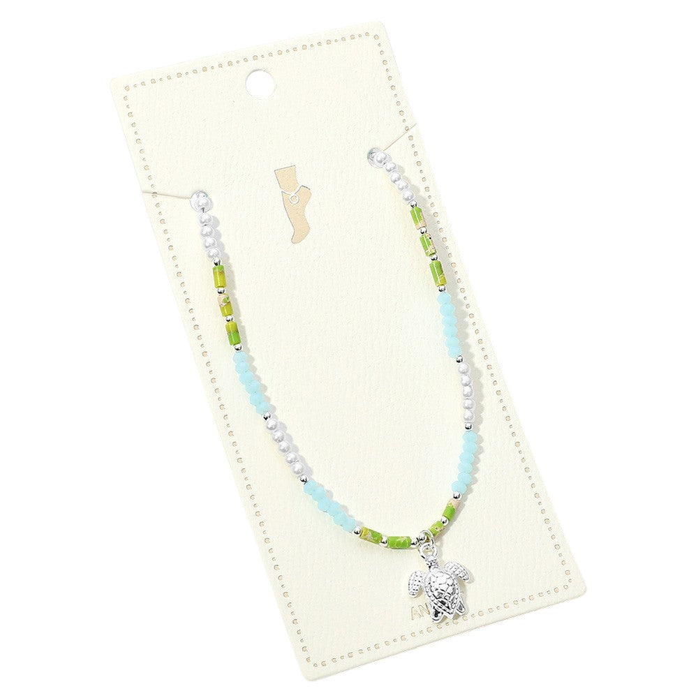 iLLASPARKZ Metal Sea Turtle Charm Pearl Faceted Beaded Anklet