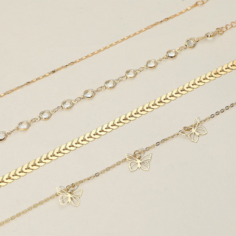 iLLASPARKZ 4PCS - Butterfly Charm Crystal Bezel Link Accent Boho Layered Chain Anklet Set