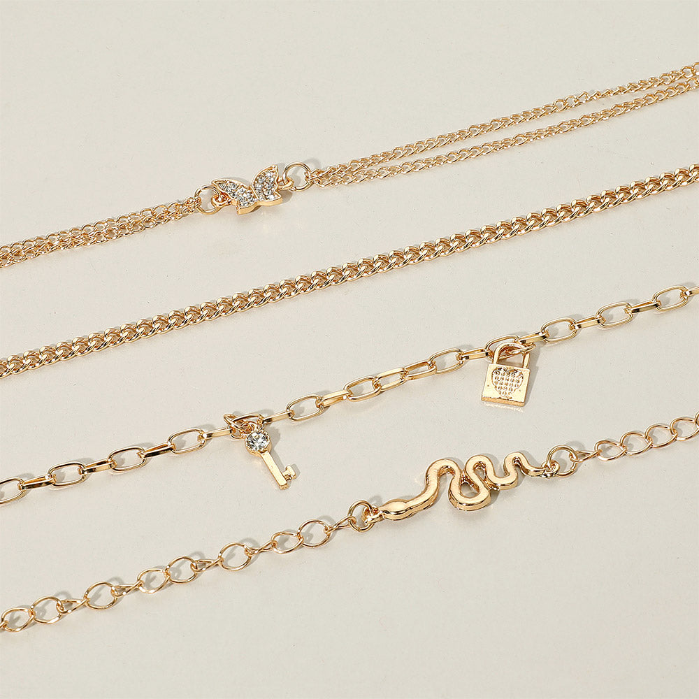 iLLASPARKZ 4PCS - Butterfly Snake Key Lock Charm Layered Chain Anklet Set
