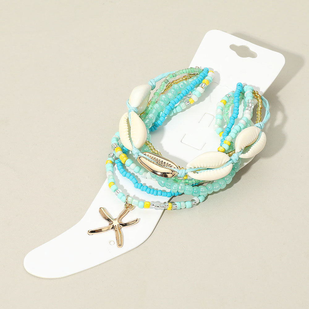 iLLASPARKZ 6PCS - Starfish Charm Accented Conch Shell Seed Beaded Multi Layered Anklets