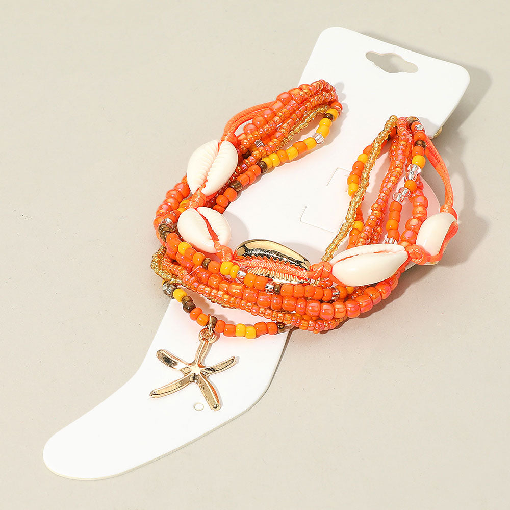 iLLASPARKZ 6PCS - Starfish Charm Accented Conch Shell Seed Beaded Multi Layered Anklets