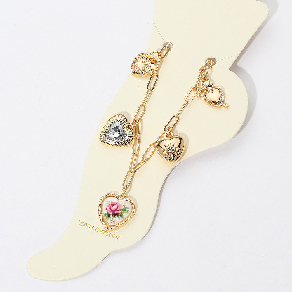 iLLASPARKZ Floral Printed Ceramic Metal Stone Heart Charm Station Anklet