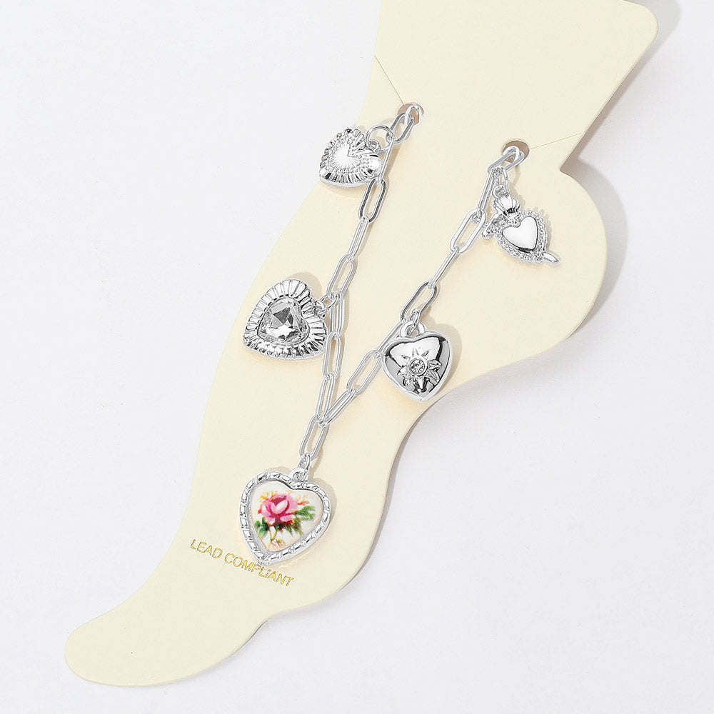 iLLASPARKZ Floral Printed Ceramic Metal Stone Heart Charm Station Anklet