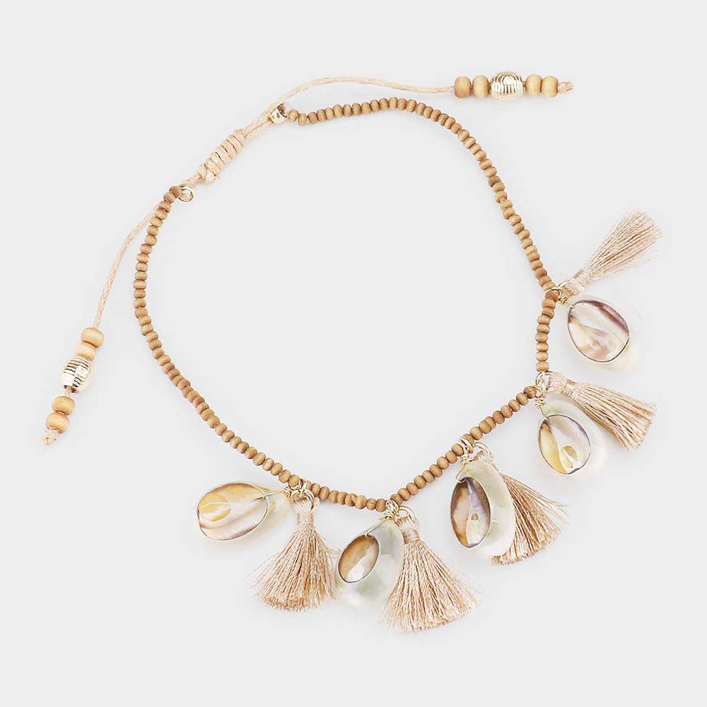 iLLASPARKZ Wood Beaded Shell Tassel Station Adjustable Anklet