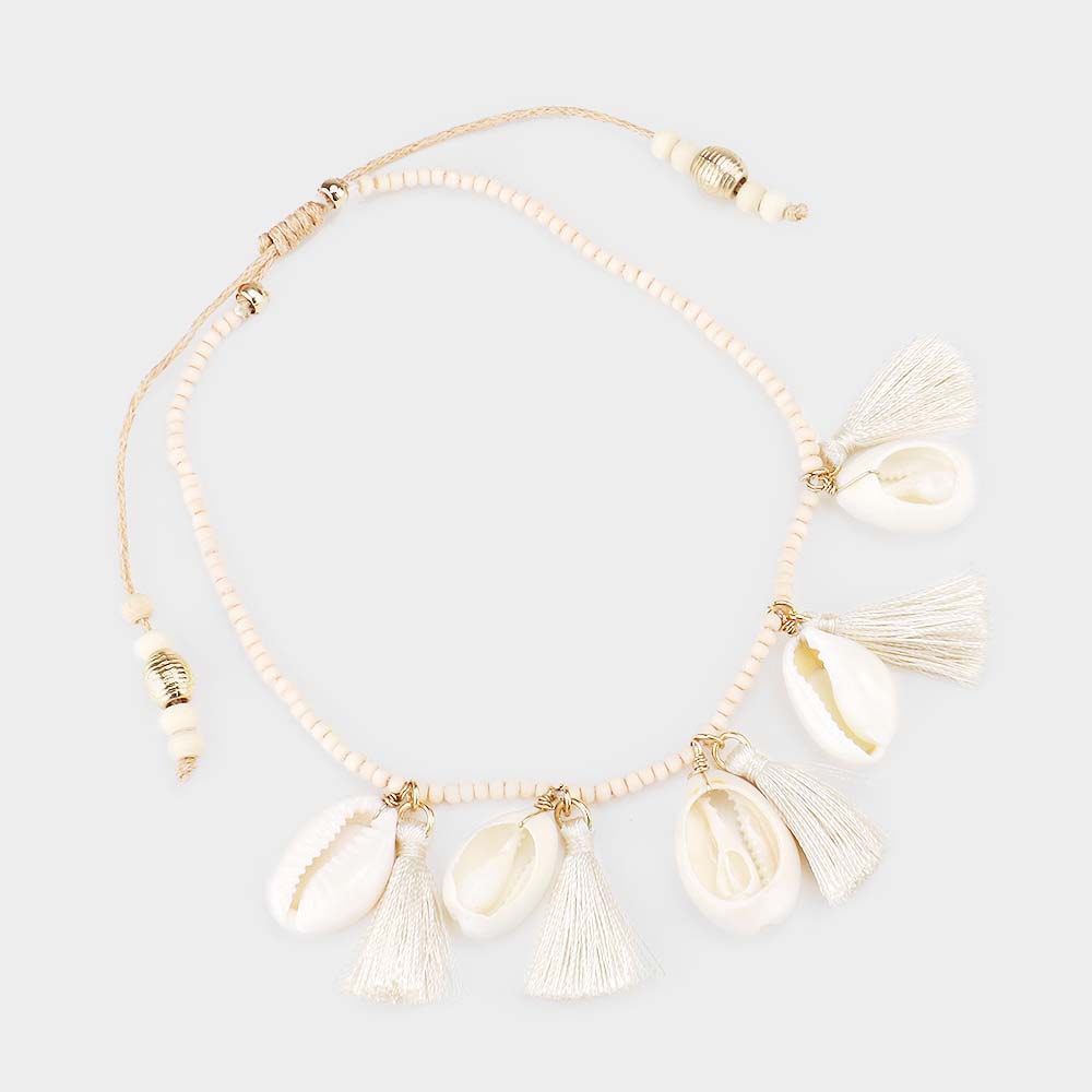 iLLASPARKZ Wood Beaded Shell Tassel Station Adjustable Anklet