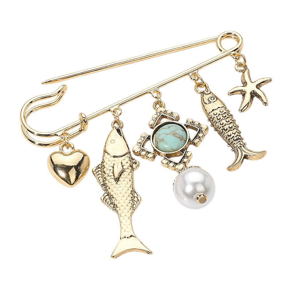 iLLASPARKZ Antique Metal Fish heart Starfish Pearl Charm Embellished Safety Pin Brooch