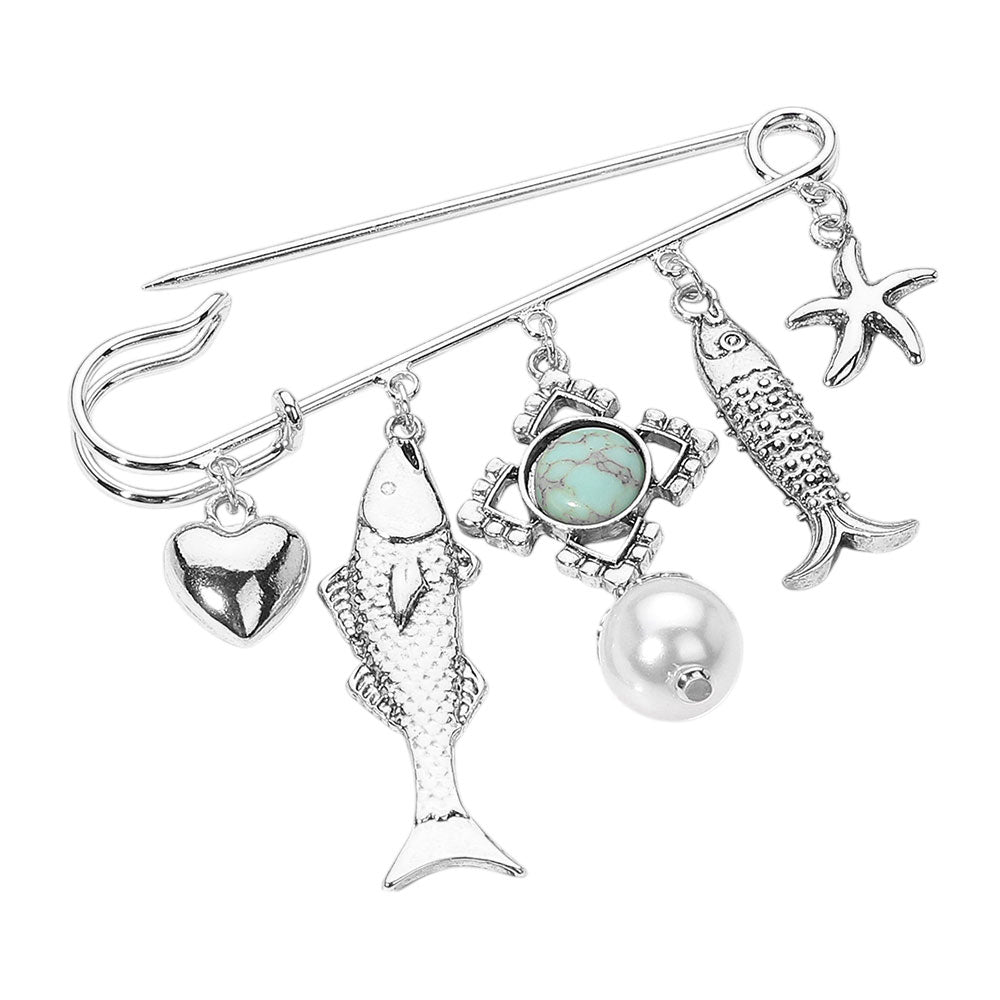 iLLASPARKZ Antique Metal Fish heart Starfish Pearl Charm Embellished Safety Pin Brooch