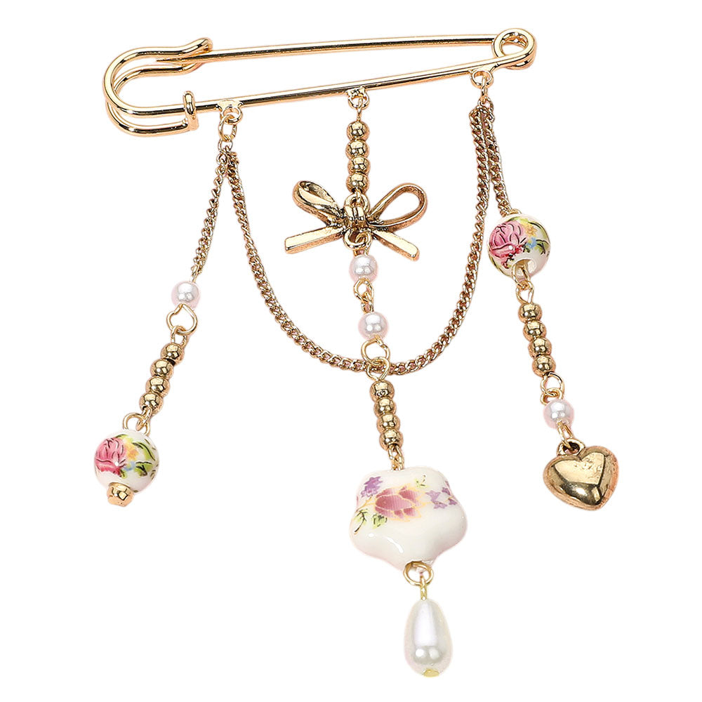 iLLASPARKZ Vintage Inspired Floral Ceramic Ball Heart Pearl Bow Charm Dangle Accent Safety Pin Brooch