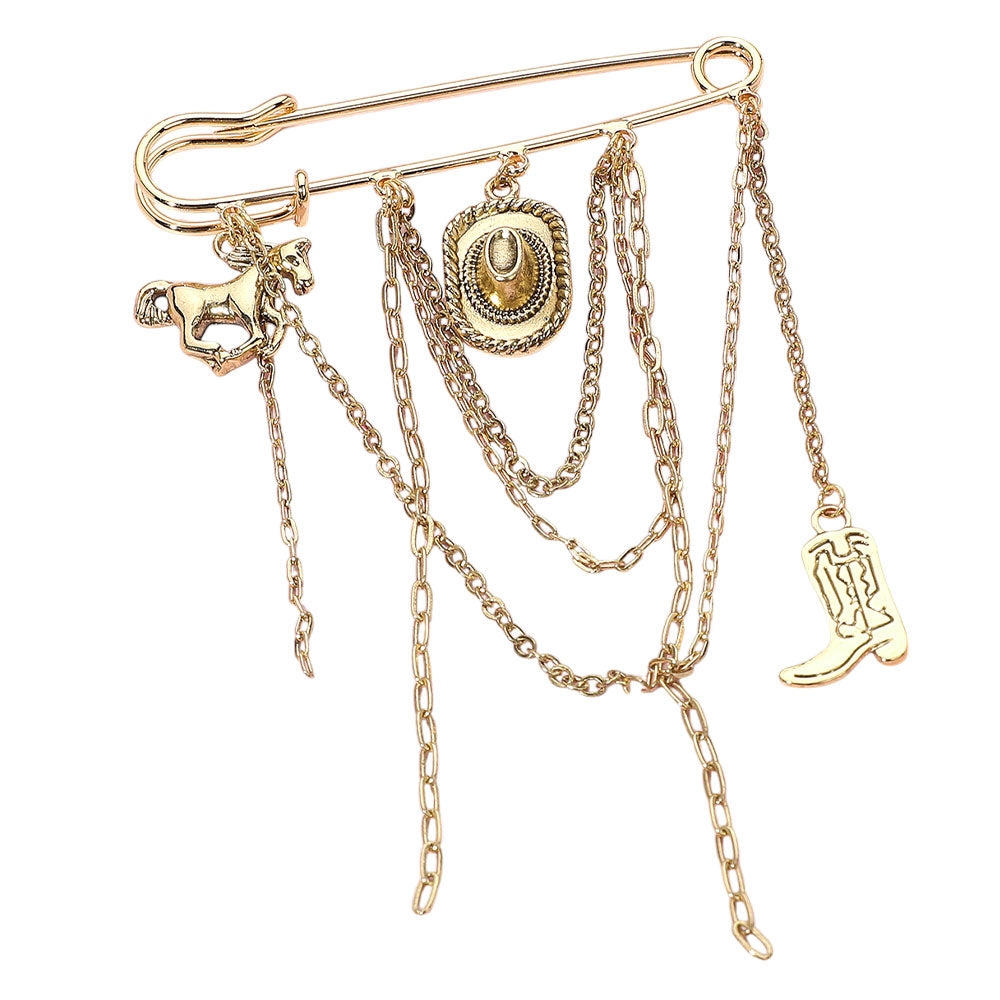 iLLASPARKZ Antique Metal Western Cowboy Hat Boot Horse Charm Dangle Accent Safety Pin Brooch