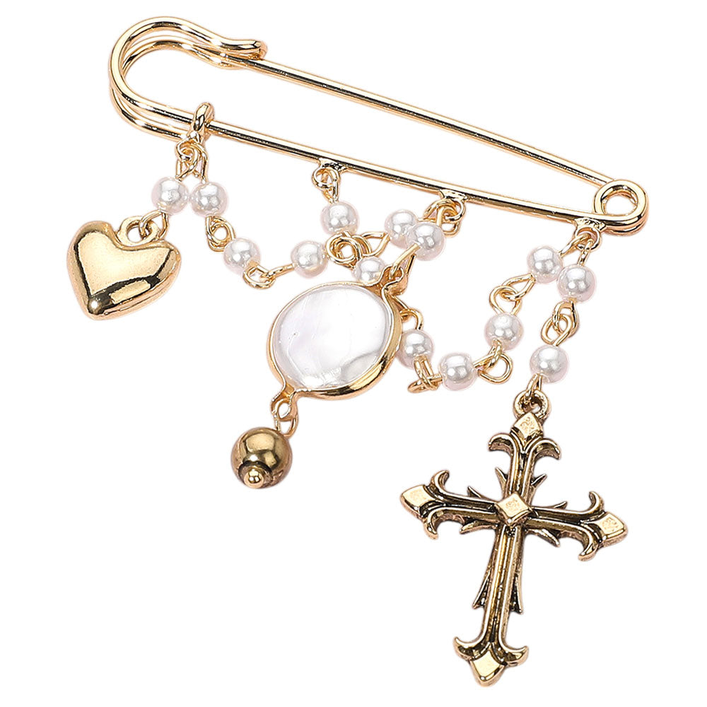 iLLASPARKZ Vintage Antique Metal Cross Heart Pearl Chain Accent Safety Pin Brooch