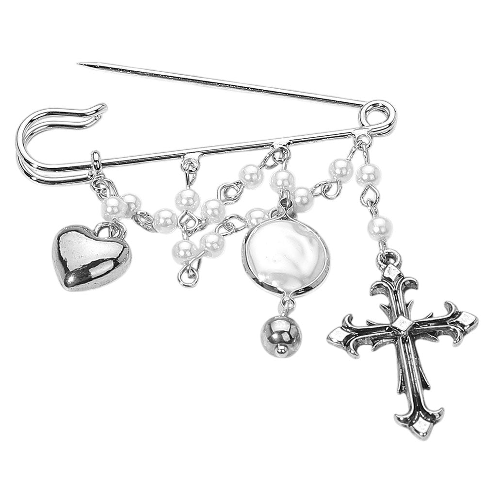iLLASPARKZ Vintage Antique Metal Cross Heart Pearl Chain Accent Safety Pin Brooch