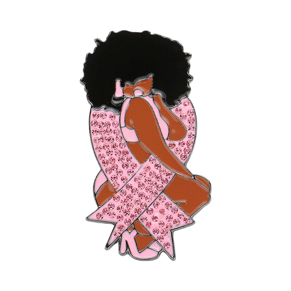iLLASPARKZ Pink Ribbon Accented Enamel Metal Afro Girl Pin Brooch