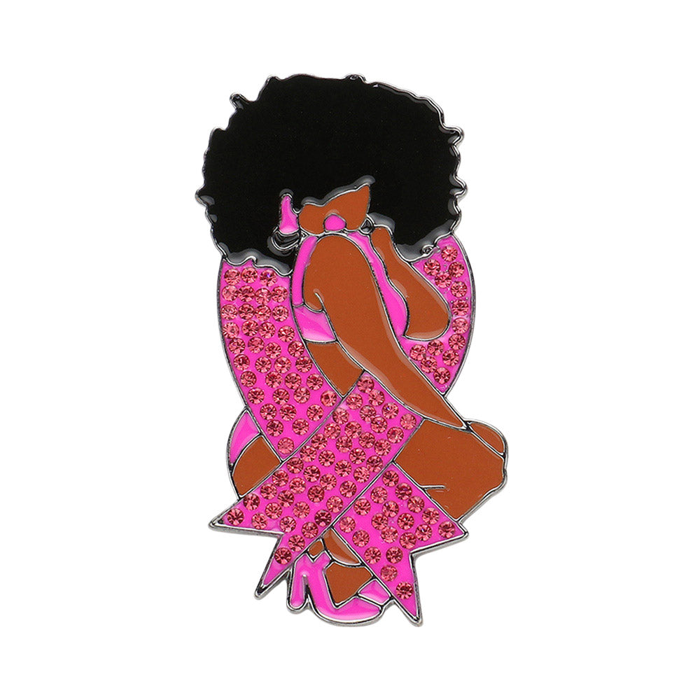 iLLASPARKZ Pink Ribbon Accented Enamel Metal Afro Girl Pin Brooch