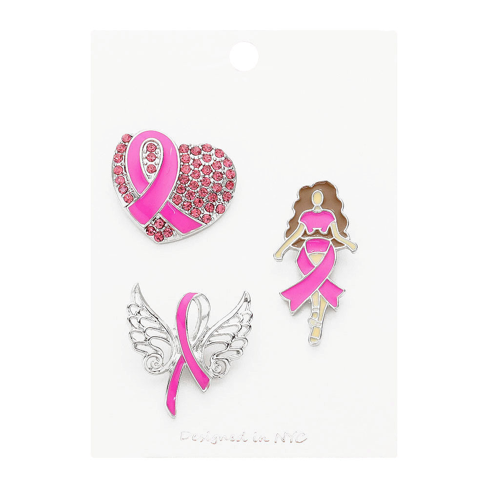iLLASPARKZ 3PCS - Pink Ribbon Pointed Heart Angel Wings Afro Girl Pin Brooches