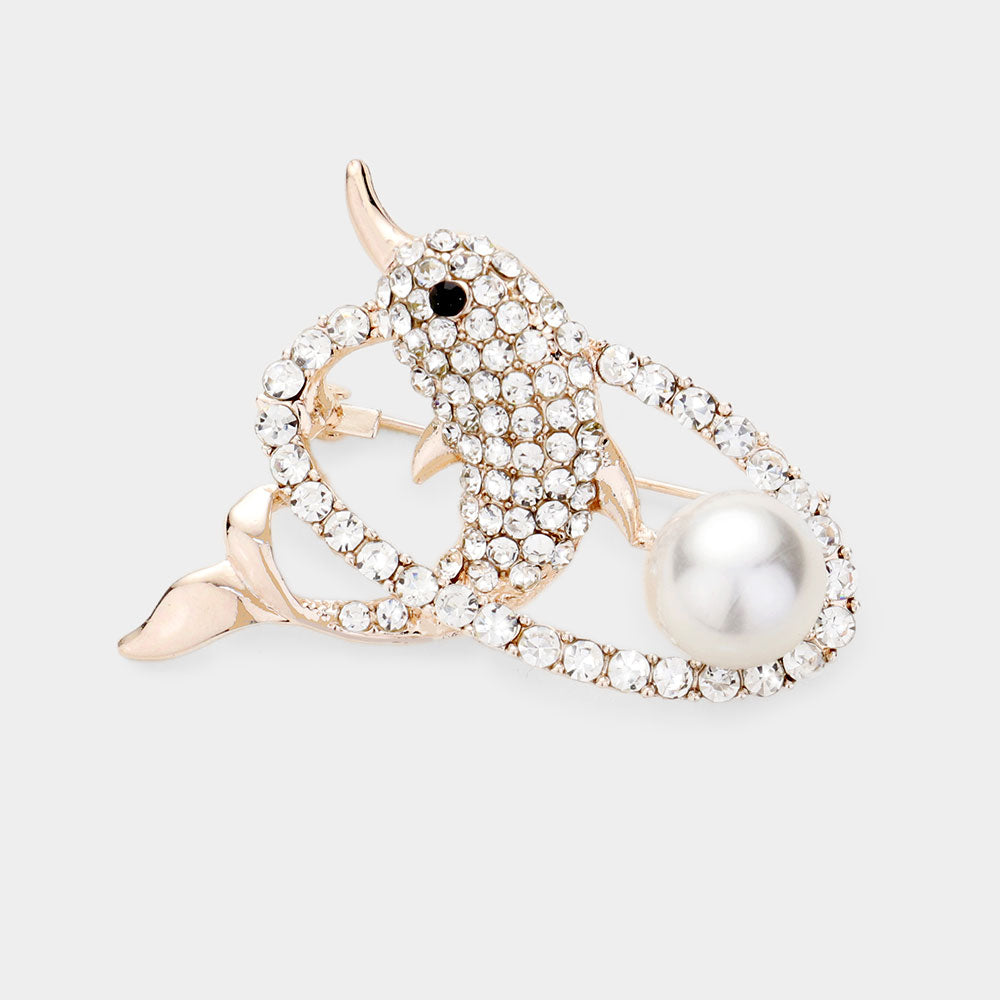 iLLASPARKZ Rhinestone Pave Pearl Dolphin Pin Brooch