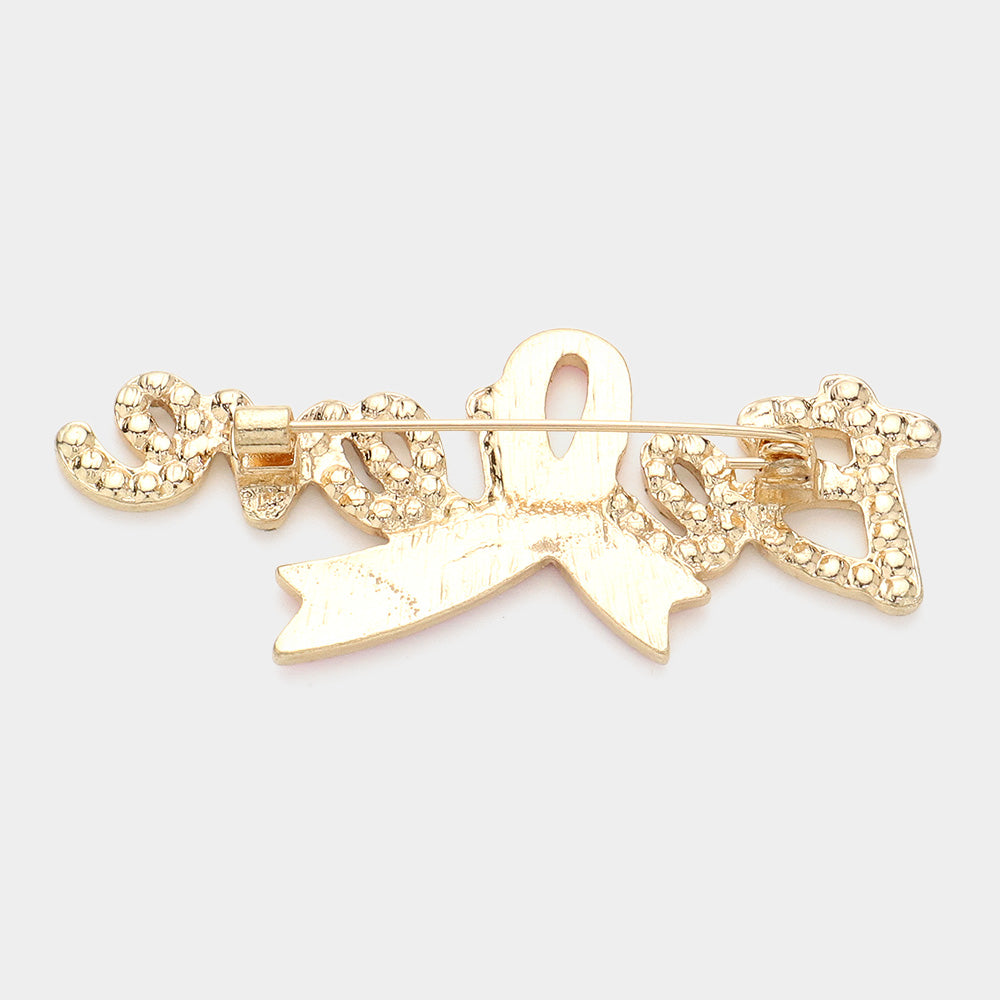 iLLASPARKZ Enamel Pink Ribbon Pointed Stone Paved Believe Message Pin Brooch