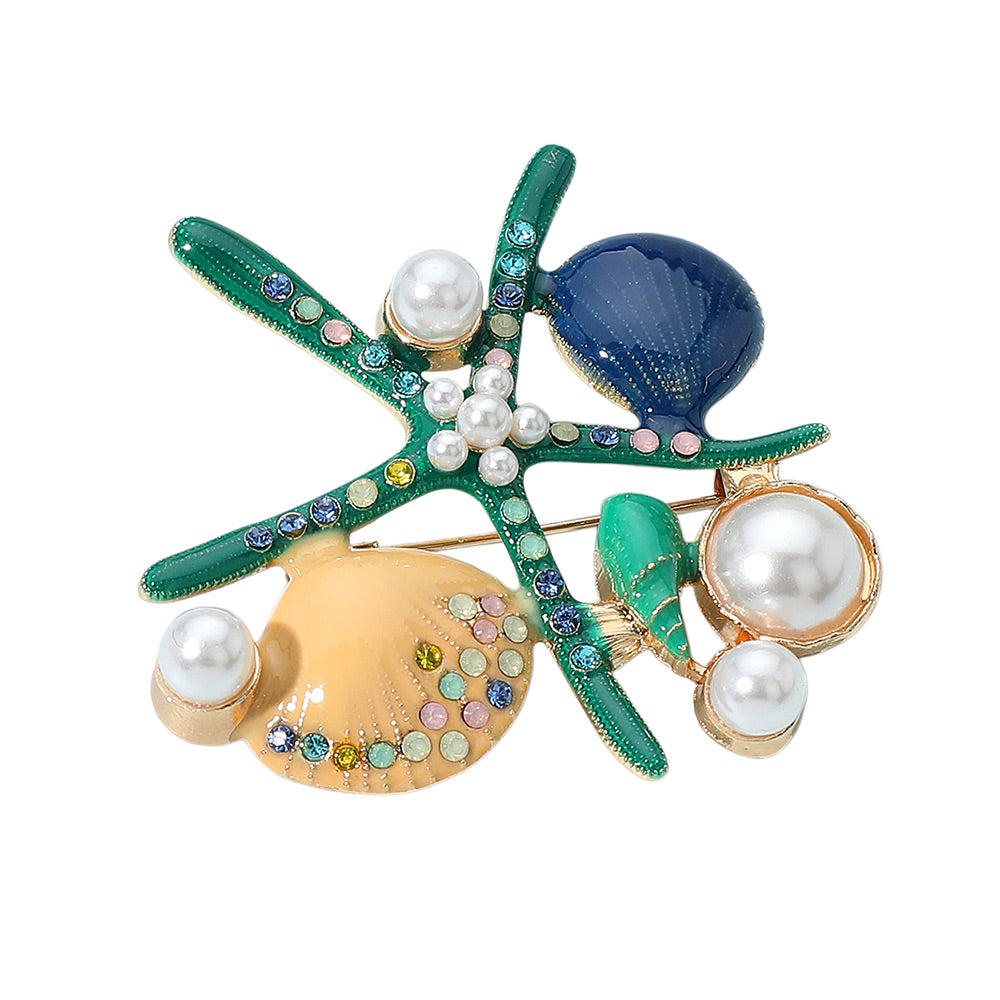 iLLASPARKZ Pearl Pointed Enamel Starfish Shell Pin Brooch