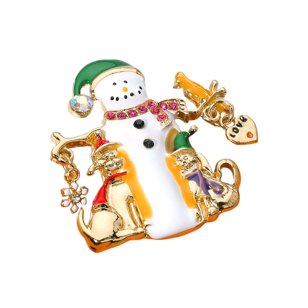 iLLASPARKZ Stone Detailed Enamel Snowman Love Message Heart Christmas Dog Cat Brooch / Pendant