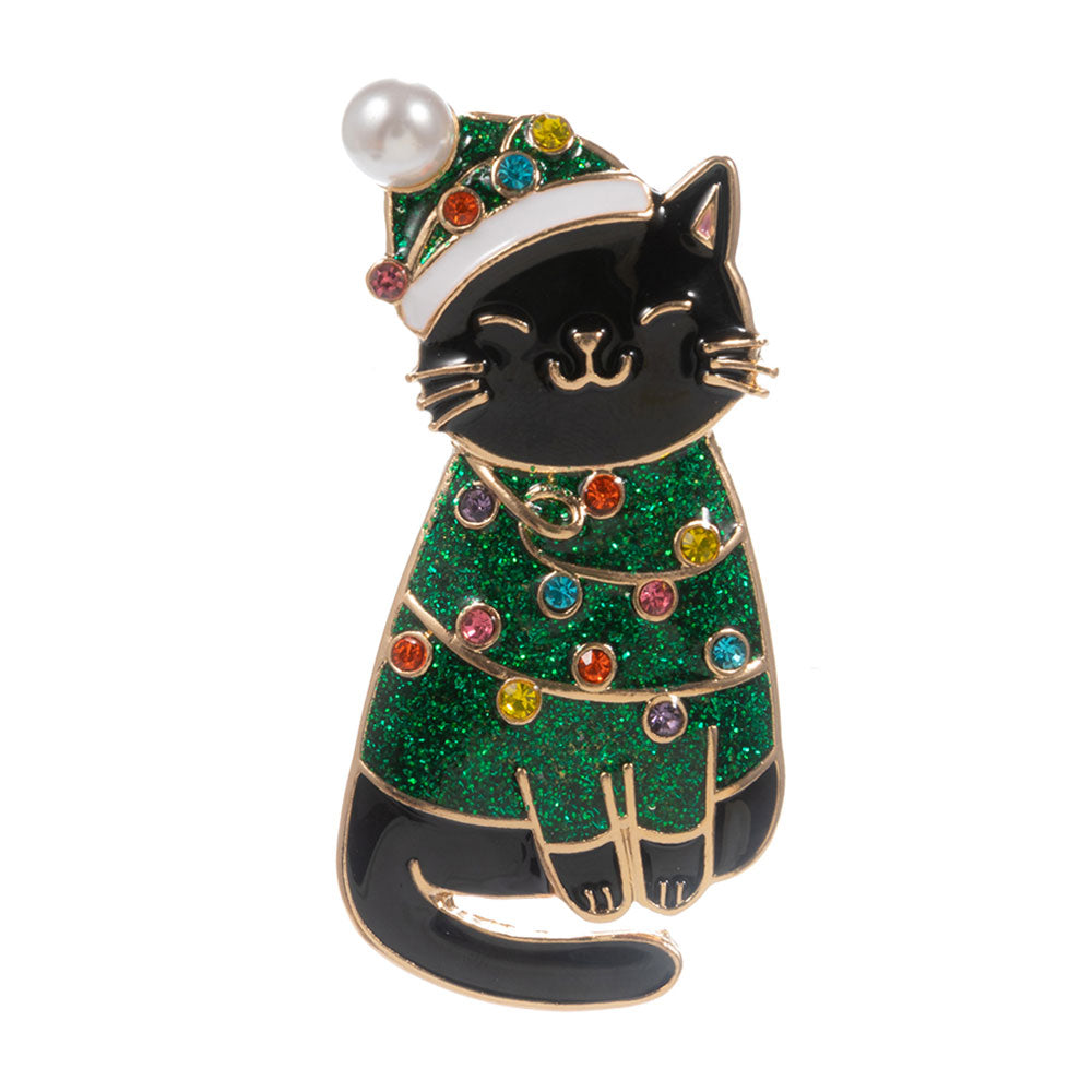 iLLASPARKZ Festive Holiday Santa Hat Black Cat Pin Brooch