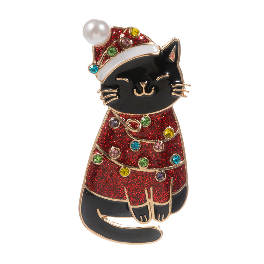 iLLASPARKZ Festive Holiday Santa Hat Black Cat Pin Brooch