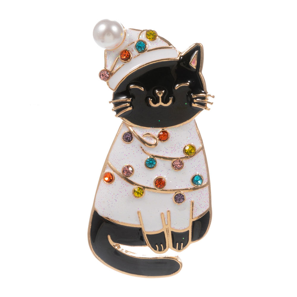 iLLASPARKZ Festive Holiday Santa Hat Black Cat Pin Brooch